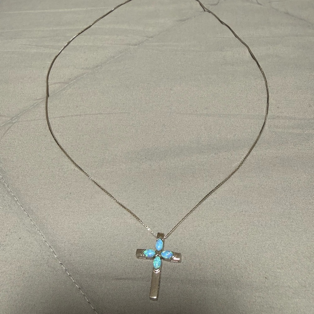 Elegant Silver Cross Necklace with Real Opal